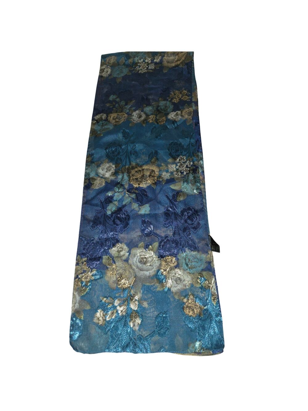 Vintage Sheer Blue Scarf with Gold Roses 59" X 10" Korea